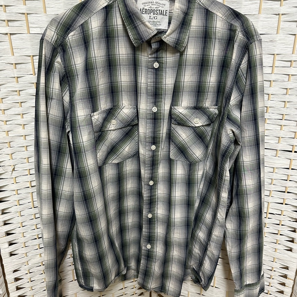 Aeropostale Men's Gray and Green Checkered Shirt long sleeve L EUC